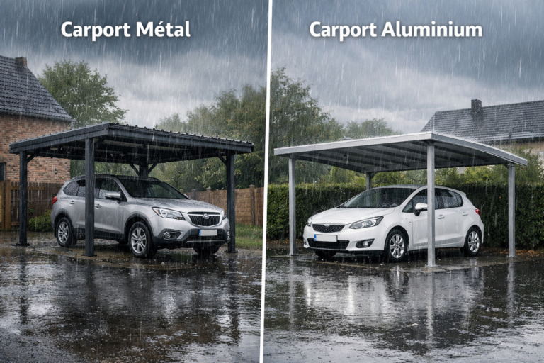 créer une image mettant en scène un carport en métal et un carport en aluminium dans un environnement de pluie typique des Hauts-de-France, avec des voitures garées dessous.