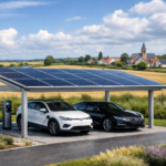 un carport en aluminium avec des panneaux solaires, dans un paysage des Hauts-de-France moderne et vert