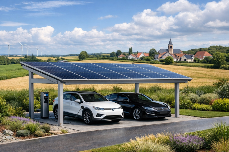 un carport en aluminium avec des panneaux solaires, dans un paysage des Hauts-de-France moderne et vert
