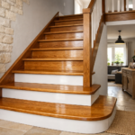 Une image d'un escalier en bois récemment verni dans une maison moderne, style Hauts-de-France.
