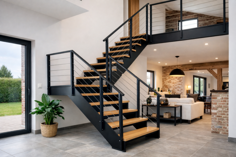 un escalier moderne intérieur en métal dans une maison des Hauts-de-France