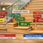 Une image montrant différentes mesures de giron et hauteur de marche dans un escalier moderne, en contexte architectural.