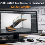 un escalier moderne dessiné en 3D à l'aide d'un logiciel sur un écran d'ordinateur, en arrière-plan un plan de construction de maison