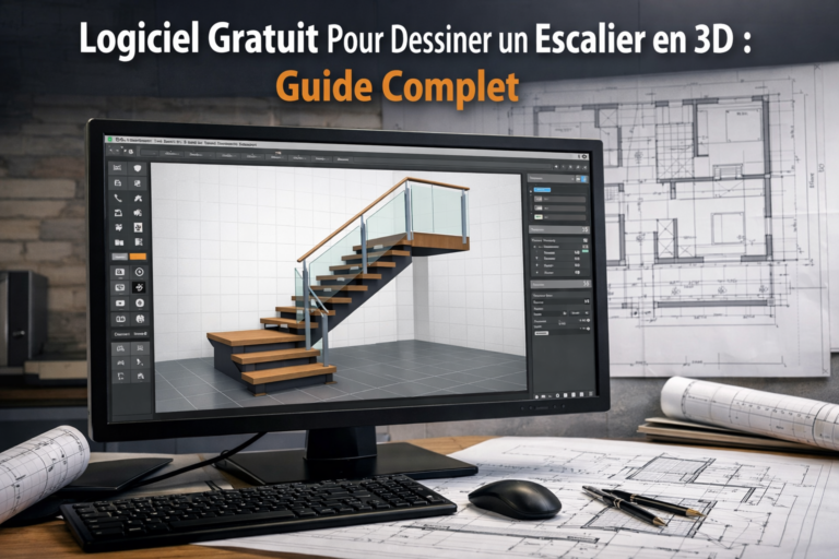 un escalier moderne dessiné en 3D à l'aide d'un logiciel sur un écran d'ordinateur, en arrière-plan un plan de construction de maison