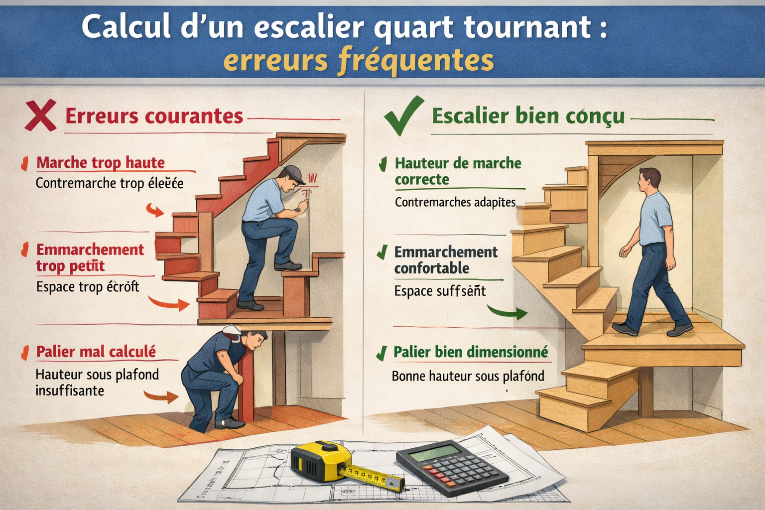 Calcul d&rsquo;un escalier quart tournant : erreurs fréquentes