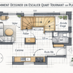 Un escalier quart tournant dessiné sur un plan architectural moderne, dans un style nordiste.