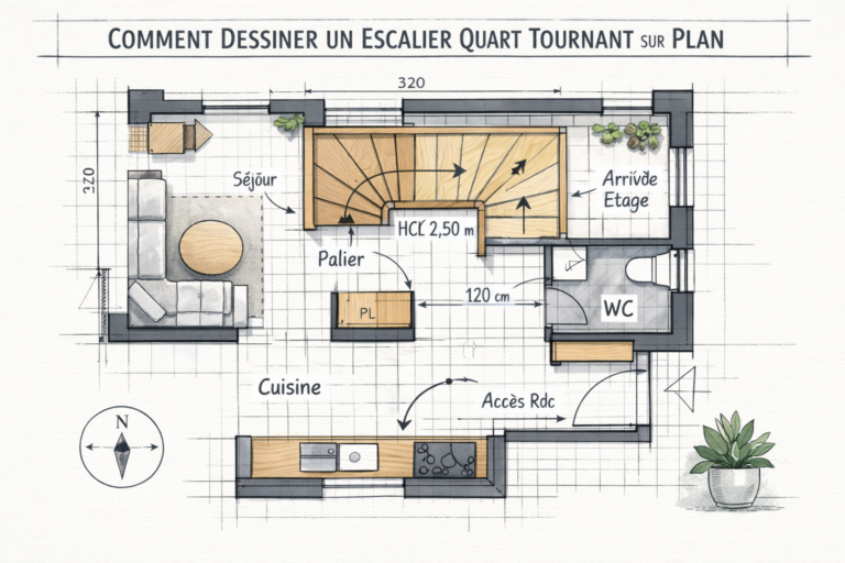 Un escalier quart tournant dessiné sur un plan architectural moderne, dans un style nordiste.