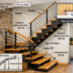 Un escalier architectural moderne avec des annotations de plan, situé dans une maison typique des Hauts-de-France.