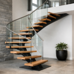 un escalier quart tournant avec limon central, ambiance moderne, matériaux contemporains