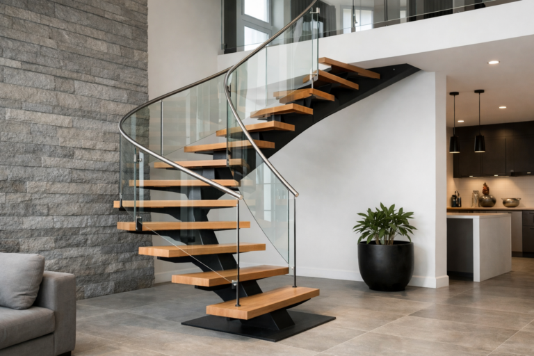 un escalier quart tournant avec limon central, ambiance moderne, matériaux contemporains
