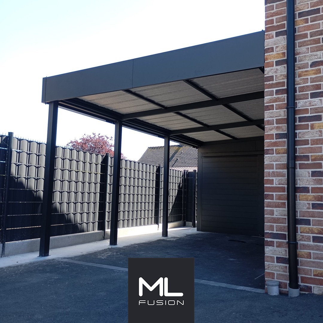 Carport métal gris anthracite avec abri de rangement fermé
