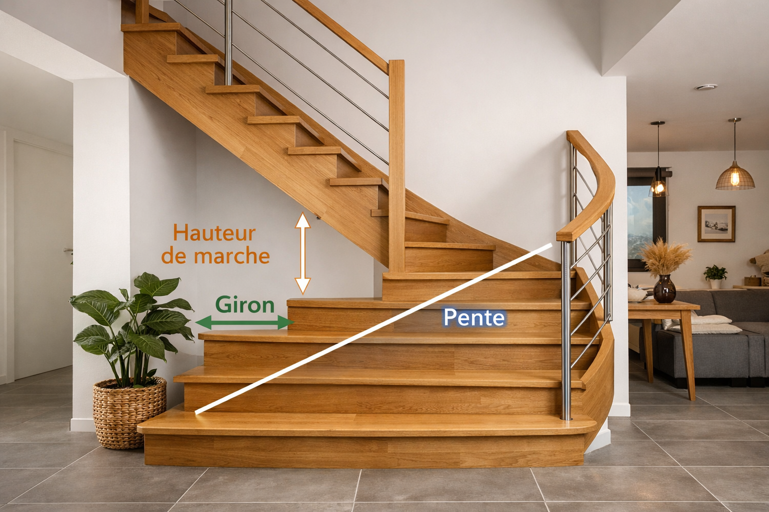 Escalier quart tournant : giron, hauteur, pente…